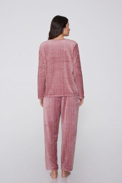 Pink Braid Print Long Devore Fleece Pyjama Set, 5701_937Y, large image number 1