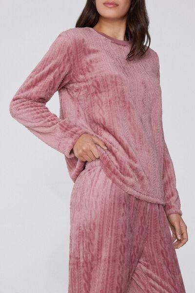 Pink Braid Print Long Devore Fleece Pyjama Set, 5701_937Y, large image number 2
