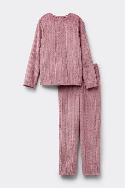 Pink Braid Print Long Devore Fleece Pyjama Set, 5701_937Y, large image number 3