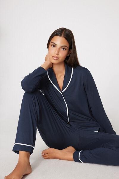 Navy Button-Front Viscose Pyjama Set, Absolute Blue, large image number 2