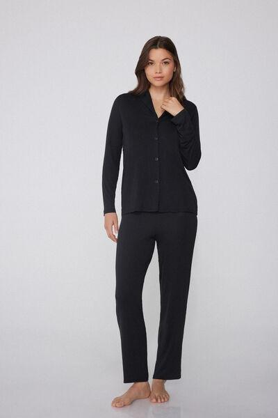 Black Button Placket Pyjama Set, Black, medium