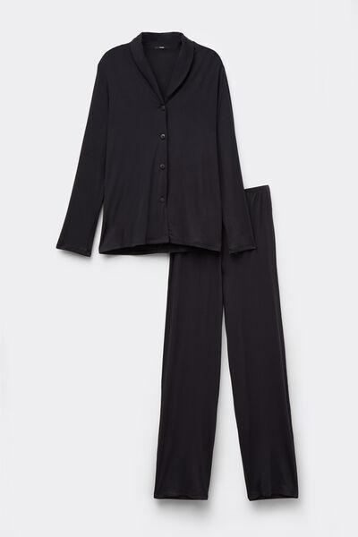 Black Button Placket Pyjama Set, Black, large image number 3