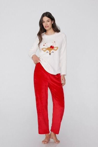 Red / White Reindeer Patch Long Fleece Pyjama Set, 5701_974Y, large image number 0