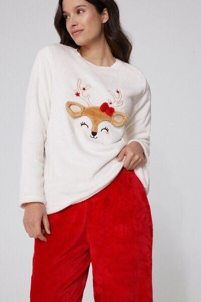 Red / White Reindeer Patch Long Fleece Pyjama Set, 5701_974Y, large image number 2