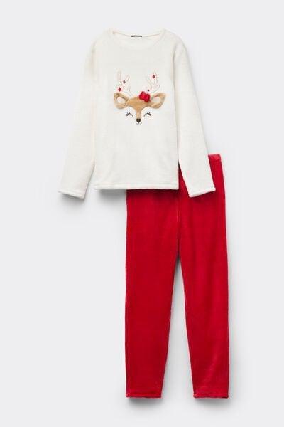 Red / White Reindeer Patch Long Fleece Pyjama Set, 5701_974Y, large image number 3