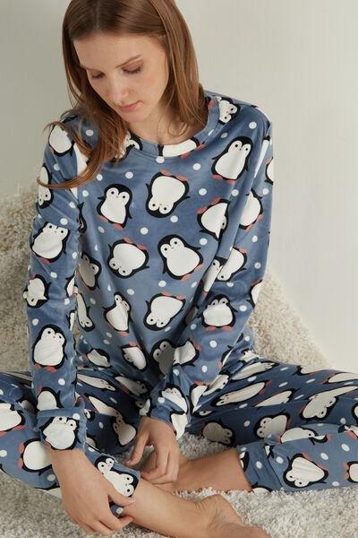 SKY BLUE PENGUIN PRINT Long Penguin Print Microfleece Pyjamas, , large image number 0