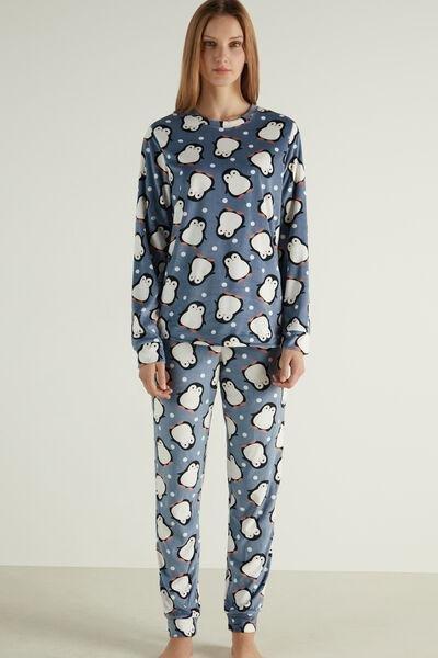 SKY BLUE PENGUIN PRINT Long Penguin Print Microfleece Pyjamas, , large image number 1