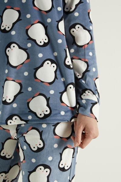 SKY BLUE PENGUIN PRINT Long Penguin Print Microfleece Pyjamas, , large image number 3