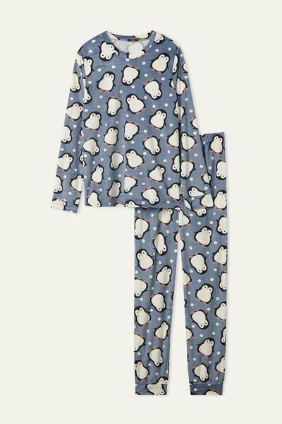 SKY BLUE PENGUIN PRINT Long Penguin Print Microfleece Pyjamas, , large image number 4