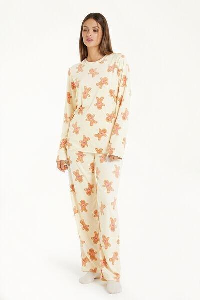 Yellow Long Microfleece Pyjamas With Gingerbread Man Print, , large image number 0