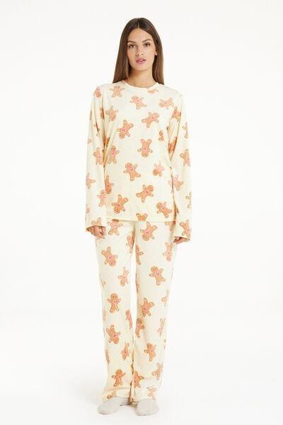 Yellow Long Microfleece Pyjamas With Gingerbread Man Print, , large image number 1