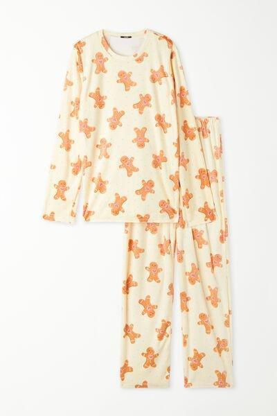 Yellow Long Microfleece Pyjamas With Gingerbread Man Print, , large image number 4