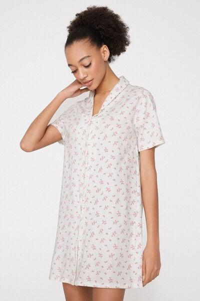 White Flower Print Button-Front Cotton Nightgown, 5701_199Z, large image number 0