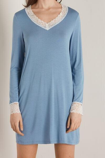 Multicolour Lace Insert Long-Sleeve Viscose Nightdress, , large image number 0