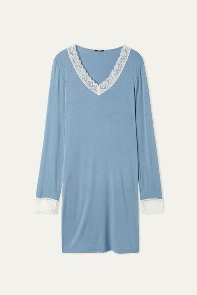 Multicolour Lace Insert Long-Sleeve Viscose Nightdress, , large image number 4