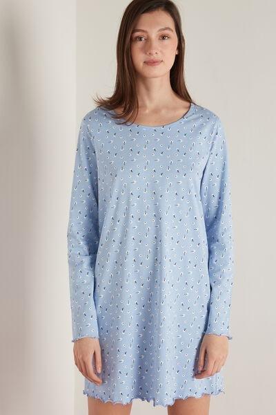 Tezenis - Blue Small Micro Floral Long-Sleeved Cotton Nightdress