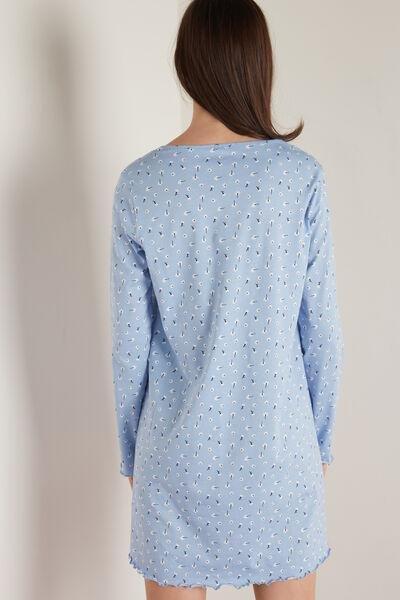 Tezenis - Blue Small Micro Floral Long-Sleeved Cotton Nightdress