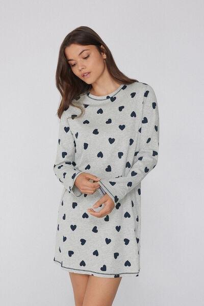 Grey Heart Print Long Cotton Nightdress, , medium