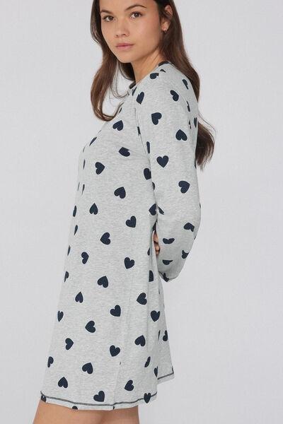 Grey Heart Print Long Cotton Nightdress, , large image number 1