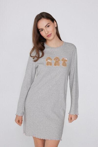 Grey Dog-Print Long Sleeve Cotton Nightgown, 5701_969Y, large image number 0