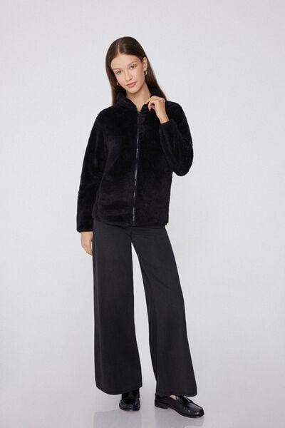Black Zippered Teddy Jacket, Black, large image number 0