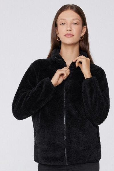 Black Zippered Teddy Jacket, Black, medium