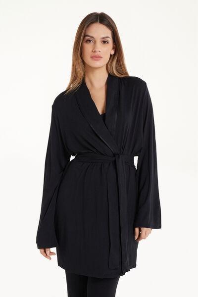 Black Satin-Trim Dressing Gown, , medium