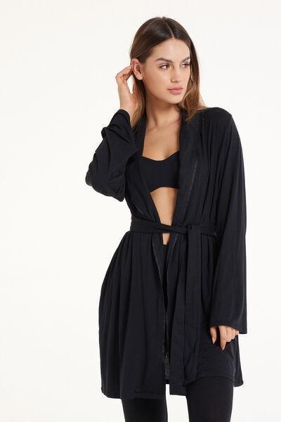 Black Satin-Trim Dressing Gown, , large image number 1
