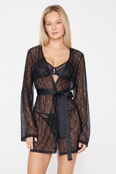 Black Mistery Essence Lace Dressing Gown, Black, medium