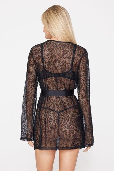 Black Mistery Essence Lace Dressing Gown, Black, medium