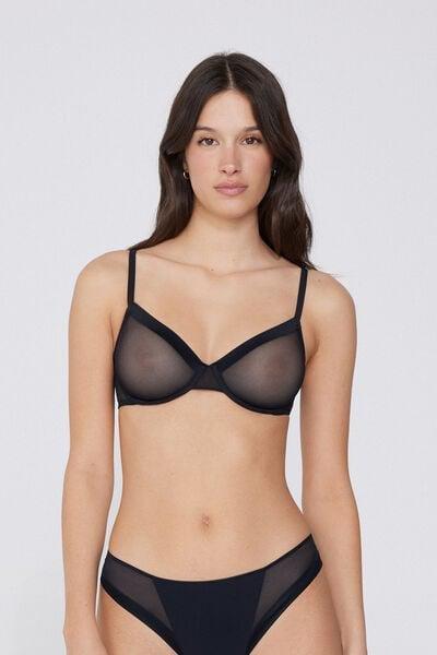 Black Essential Tulle Balconette Bra, Black, large image number 1