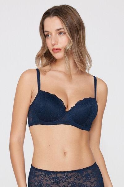 Navy Wien Recycled Lace Slightly Padded Balconette Bra, Absolute Blue, medium