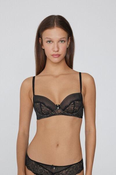 Black Pretty Plisse Slightly Padded Balconette Lace Bra, Black, large image number 1