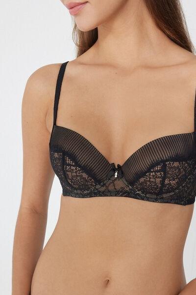 Black Pretty Plisse Slightly Padded Balconette Lace Bra, Black, large image number 3