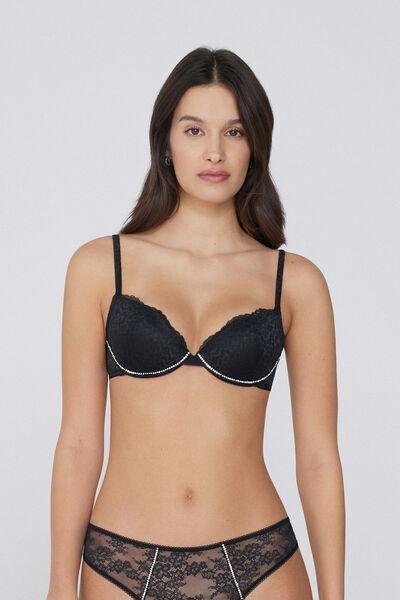 Black Rhinestone Push-Up Bra, Black, large image number 1