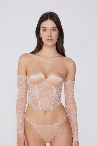 Beige Long Sleeve Bra Top, , large image number 0