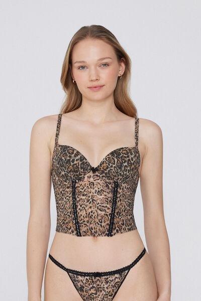 Brown Animal Print Lace Bustier Bra Top, 5701_811Y, large image number 1