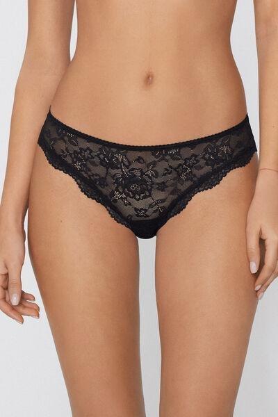 Black Recycled Lace Brazilian Briefs, Black, medium