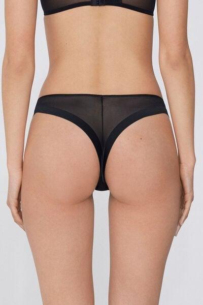 Black Essential Tulle Brazilian Briefs, Black, medium