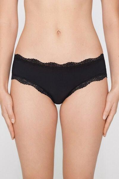 Black Recycled Lace And Microfibre French Knickers, Black, medium