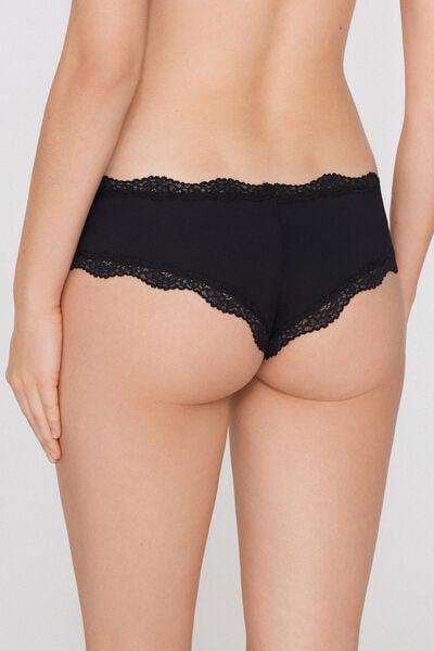 Black Recycled Lace And Microfibre French Knickers, Black, medium