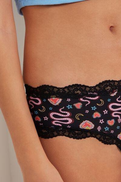 Black Printed Lace And Microfibre Brazilian Culotte, , large image number 1