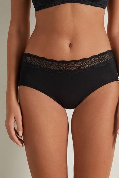 Tezenis Black Cotton And Recycled Lace French Knickers