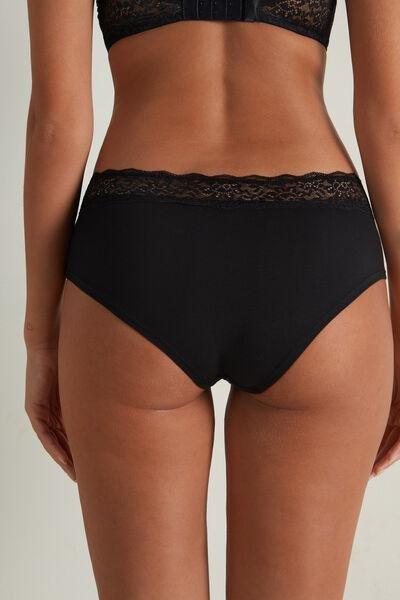 Tezenis Black Cotton And Recycled Lace French Knickers