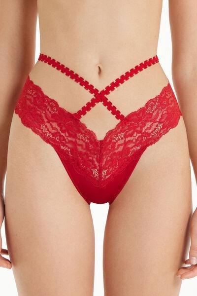 Red High-Leg Satin Knickers With Lace And Lacing, , large image number 1