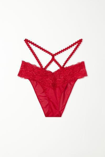 Red High-Leg Satin Knickers With Lace And Lacing, , large image number 4