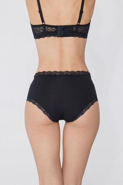 Black Lace Trimmed High-Rise Knickers, Black, medium