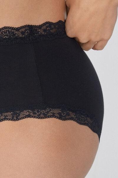 Black Lace Trimmed High-Rise Knickers, Black, large image number 3