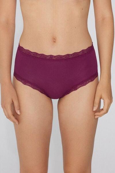 Burgundy Cotton And Lace High-Waist Knickers, 5701_719Y, large image number 1