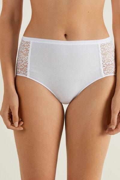 Tezenis White Cotton And Recycled Lace High-Waist Knickers